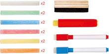 Load image into Gallery viewer, Included art supplies. Two of each color of chalk (white, green, blue, red, yellow, and orange), a chalkboard eraser, a chalk holder, and two dry erase board markers (red and blue).