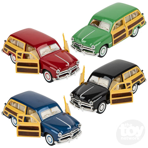 1949 Ford Woody Wagon with all available colors: (in clockwise order from top right) green, black, dark blue, and red.