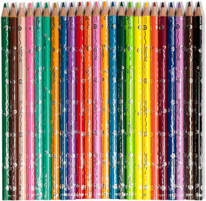 Eeboo tide pool water color pencils, set of 24, outside of box.  Pencils are adorned with swirling metallic detailing along the sides. 