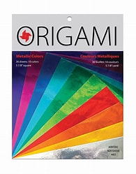 Image of Metallic Origami Paper packaging.  A thing plastic bag with an image of a rainbow assortment of metallic paper (purple, pink, dark blue, light blue, dark green, light green, red, orange, yellow and silver).  