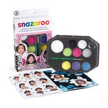 Load image into Gallery viewer, Fantasy face painting variant outside of packaging.  Shows open instruction book and palette.  Colors in pallette are white, black, light green, pink, silver, blue, purple, and yellow.