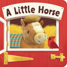 Load image into Gallery viewer, cardboard book with fabric horse finger puppet.  There is a brown horse peering out from a red barn.