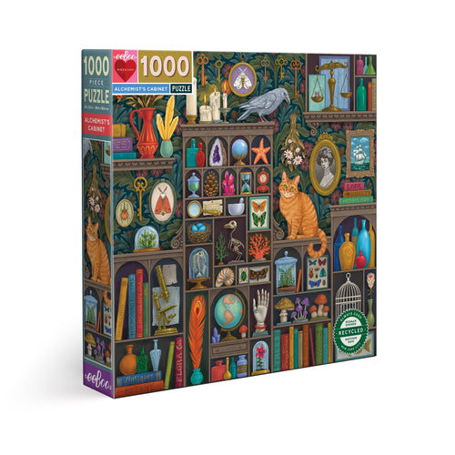 View of puzzle's packaging.  Next image describes puzzle picture.  The packaging asserts it is 1000 pieces, made of recycled materials, and its creator company woman owned. 