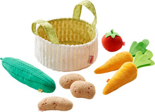 Load image into Gallery viewer, Vegetables outside of basket, showing lining of basket to be green polkadots