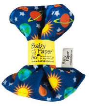 Load image into Gallery viewer, The solar system variety of Baby Paper.  Cartoon Suns, Moons, Earths, ringed planets, and five pointed stars pattern out across a dark blue fabric.