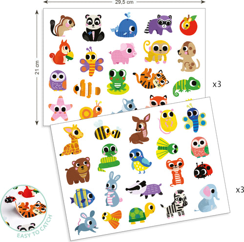  Full list of animals (three of each): chipmunk, panda, whale, racoon, a mouse in an apple, a squirrel eating an acorn, a dragonfly, a pig, a monkey, a dog, an owl, a clownfish, a frog on a lily pad, a tiger, a chameleon, a starfish, a snail, a wolf, a fox, a giraffe, two bees, a dear, an armadillo, and the rest is continued on next image text. 