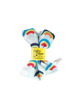 Load image into Gallery viewer, Rainbow variety of Baby Paper.  Light blue background with small arcs spattered across in two color patterns.  The first is three stripes (blue yellow and red), connecting into some clouds.  The second is a dark blue, green, and orange rainbow also connecting to some clouds.