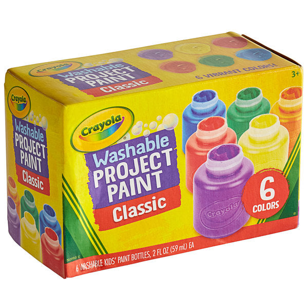 Picture of packaging.  A yellow cardboard box with a picture of the six paint jars (colors purple, yellow, red, orange, green and blue).  