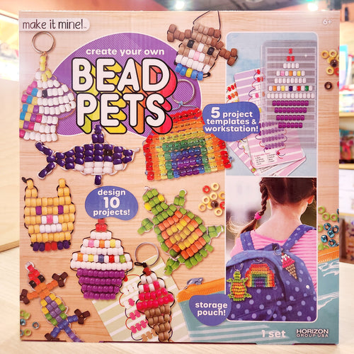 Bead Pets kit packaging showing sample designs like a shark, lizard, turtle, cat, and inanimate pets like a cupcake.