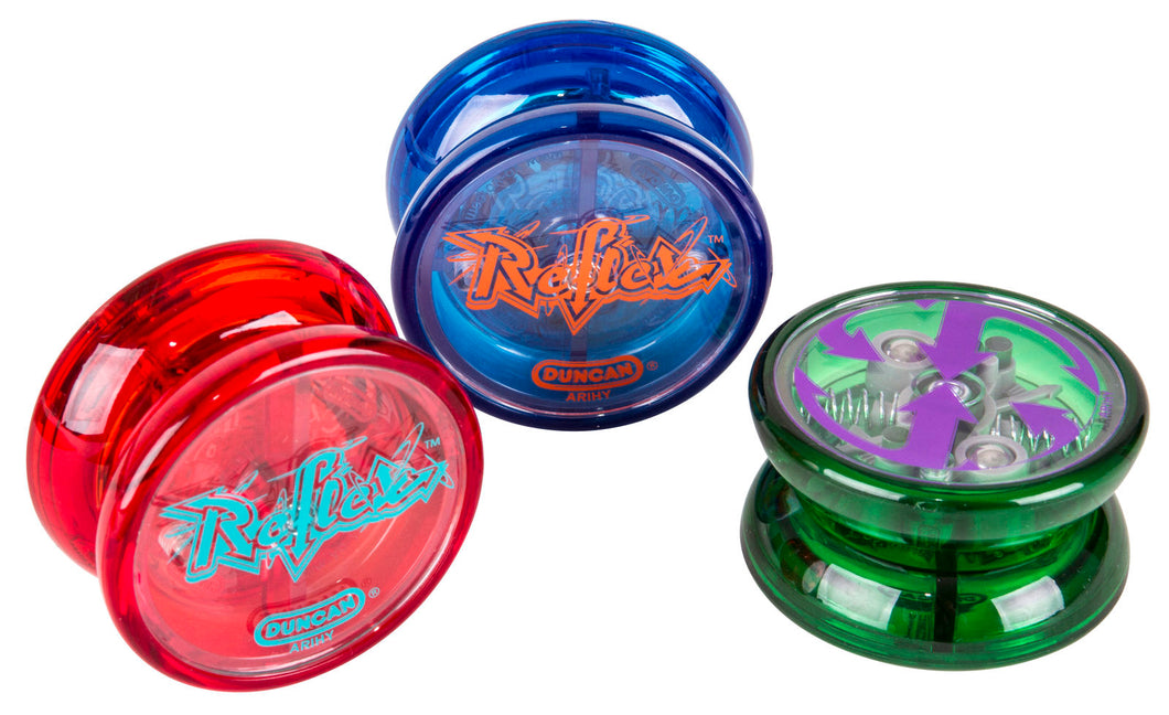 Red, blue, and green options of the Reflex yo-yo.