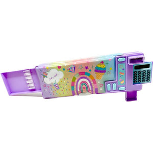 Multi-Function Pencil Case, Rainbow Variant outside of packaging, side compartments extended.