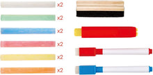 Load image into Gallery viewer, Included art supplies.  Two of each color of chalk (white, green, blue, red, yellow, and orange), a chalkboard eraser, a chalk holder, and two dry erase board markers (red and blue). 
