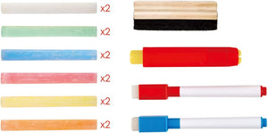 Included art supplies.  Two of each color of chalk (white, green, blue, red, yellow, and orange), a chalkboard eraser, a chalk holder, and two dry erase board markers (red and blue). 