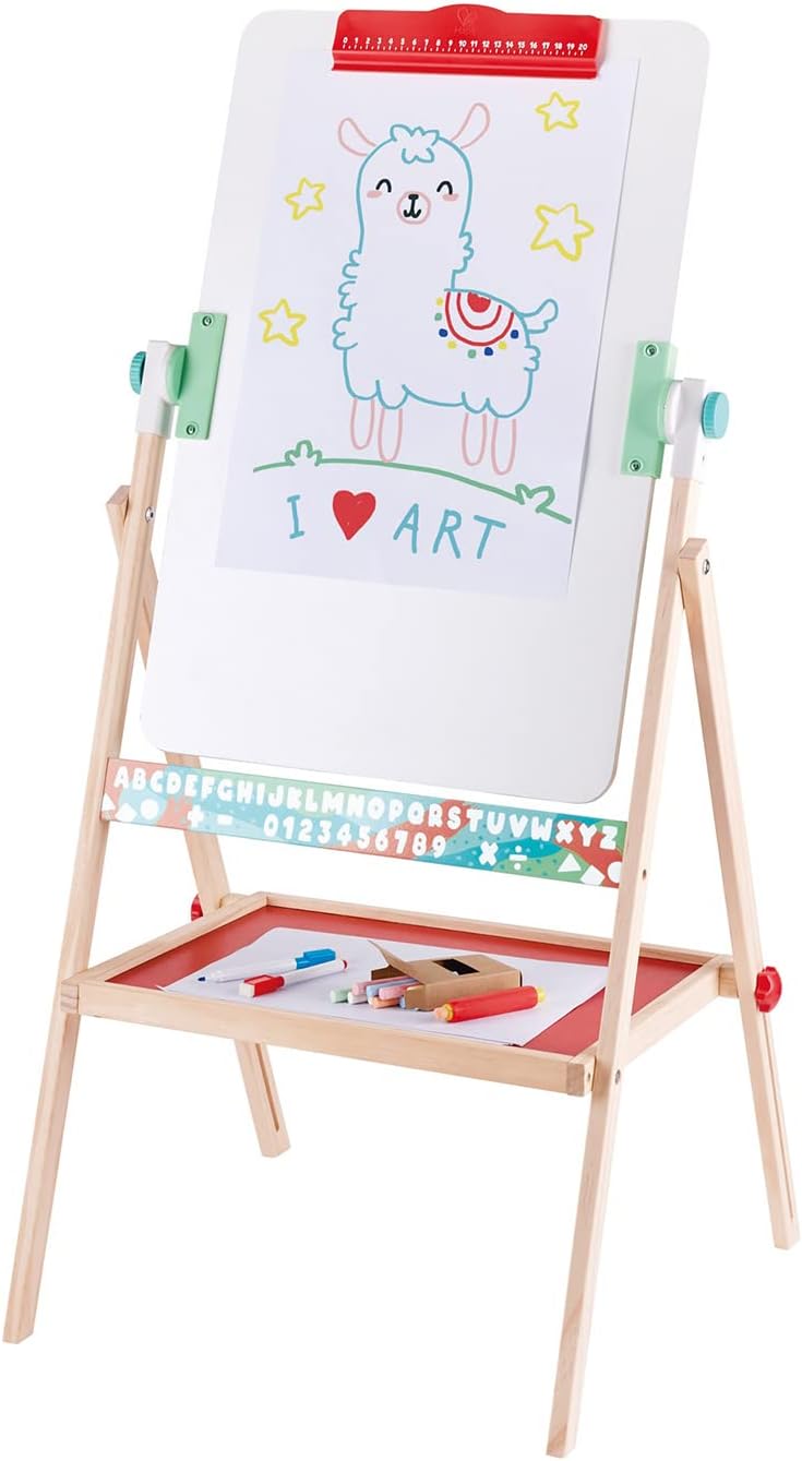 Image of unfolded easel.  The base tray has the included art supplies laid out, and on the easel is a clipped piece of paper with a drawing of a llama.  