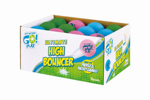 Image of balls in box, twelve visible in green, blue and pink colors. 