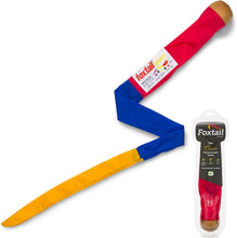 Load image into Gallery viewer, View of foxtail toy outside of its packaging.   A ball sewn to a long tail of red, blue, and yellow fabric.
