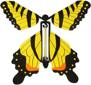 Image of the Swallowtail Butterfly variant.  The butterfly is yellow with black vertical striping.  The edges of the wings are black with yellow dots. 