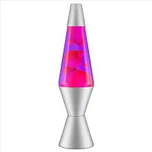 Load image into Gallery viewer, 14.5&quot; lava lamp with a silver base, pink ooze floating through purple liquid
