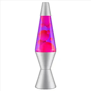 14.5" lava lamp with a silver base, pink ooze floating through purple liquid