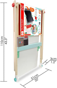 Folded easel is relatively flat, a rectangular prism with unlevel faces.  The image also shows the finished dimensions, which are 43.3"(110cm) X 20"(51cm) X 1.2"(3cm).