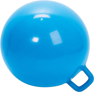 View of inflated ball; giant, glossy, and tilted on its handle as is natural. 