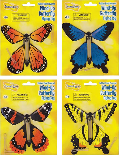 Image depicts all four variants (Painted Lady, Blue Morpho, Monarch, and Swallowtail) in packaging.