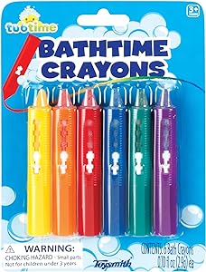 Image of bathtime crayons in packaging.  Crayons ordered from left to right as yellow, orange, red, blue, green, and purple.