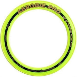 10" Yellow Aerobie Sprint Ring. Neon yellow disc with a black band in the middle. In the black is gold lettering spelling out "Aerobie Pro"