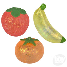 Load image into Gallery viewer, Iridescent Squishy Fruit outside of packaging:  (in order from top left) strawberry, banana, tomato
