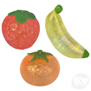 Iridescent Squishy Fruit outside of packaging:  (in order from top left) strawberry, banana, tomato