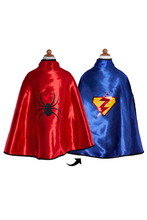 Load image into Gallery viewer, Both sides of reversible cape.  One side is firetruck red with a black spider on the back, and the reversed side is bright blue with a yellow shield and a red lightning bolt through the middle. 
