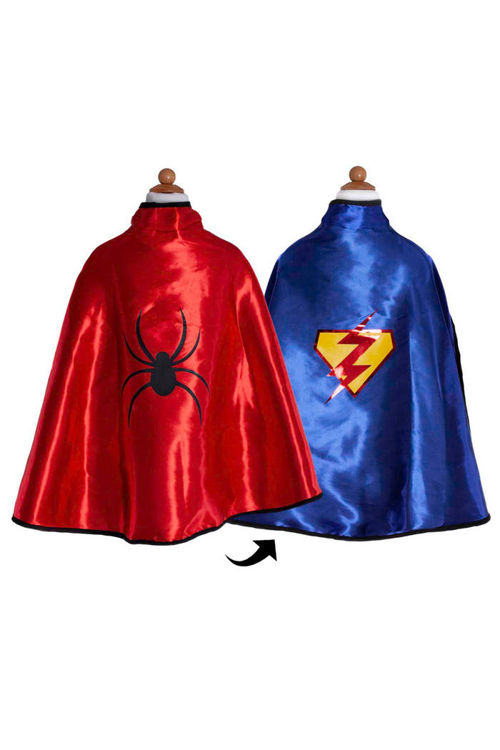 Both sides of reversible cape.  One side is firetruck red with a black spider on the back, and the reversed side is bright blue with a yellow shield and a red lightning bolt through the middle. 