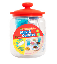 Load image into Gallery viewer, Milk and Cookies Pretend Food in packaging; a clear plastic jar with a large red lid.
