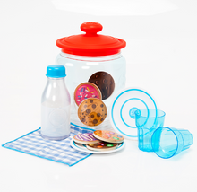 Load image into Gallery viewer, Milk and Cookies Pretend Food; small blue gingham napkin, clear milk bottle with pretend milk, three cardboard cookies, two plates and two cups
