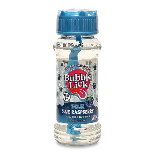 image of bubble lick bottle, clear plastic with a blue cap and bubble wand.  Cartoon blue raspberries stick out their tongues across the label.