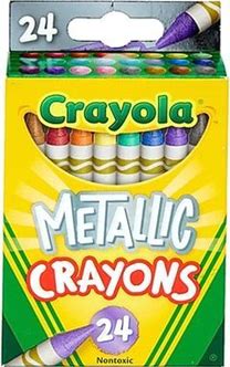 Packaging of crayons.  Included colors are dark red, pink, orange, red, marigold, yellow, pale yellow, light green, dark green, bright green, teal, lavender, light blue, violet, indigo, royal purple, magenta, bright purple, light pink, pink, grey, chartreuse, brown, and black.