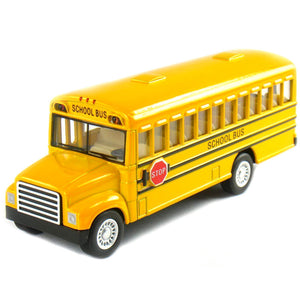 Pull-back school bus, bright yellow, stop sigh on the side, and ten windows on each side.