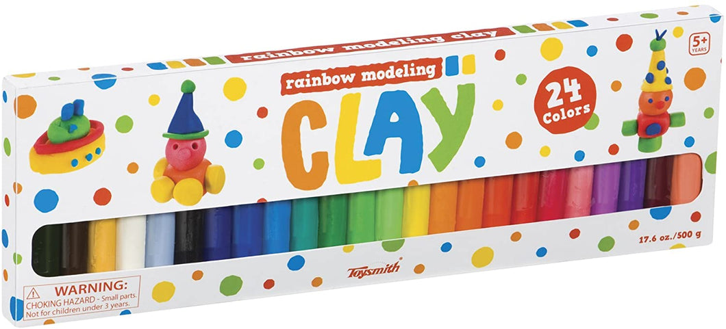 view of modeling clay in its packaging; 24 cylinders of clay totaling to 500 grams of rainbow order clay