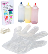 Load image into Gallery viewer, Image depicts back of packaging and the kit&#39;s contents; three dye bottles (blue, yellow and red from left to right), a clump of rubber bands, and a clear plastic glove that does look large enough to fit most hands.
