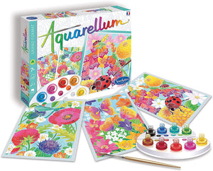 Image of box and the kit outside it.  Designs as described in previous image.  The palette is also shown with it's nine colors and a paintbrush.  