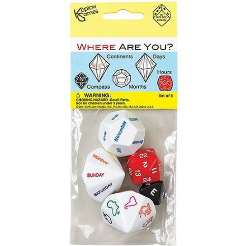 Image of the 5 dice in their packaging.   There are dice compass directions, continents, months, days and hours. 