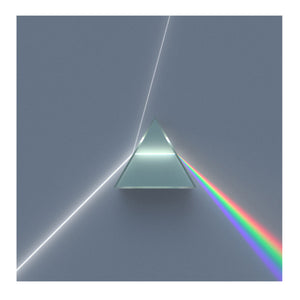 A triangular prism refracting white light into ROYGBIV. 