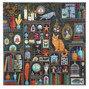 Puzzle features curio cabinets and carved shelves set against dark damask wallpaper, highlight paintings in ornate frames, cloches, skeleton keys.  Dried flowers, framed flora and fauna also adorn the shelves.  Amongst the collection is a living orange cat staring out at the puzzle solver. Illustrated by Vasilisa Romanenko.