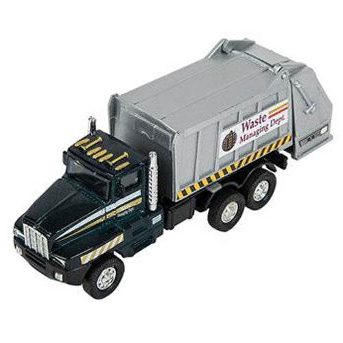 Die cast Garbage Truck with a black cab and silver body.