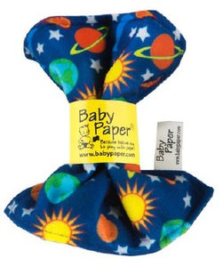 The solar system variety of Baby Paper.  Cartoon Suns, Moons, Earths, ringed planets, and five pointed stars pattern out across a dark blue fabric.  