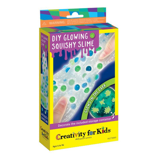 Glowing Squishy Slime Kit packaging.  Box shows glowing, translucent slime with cool colored beads being stretched apart.  