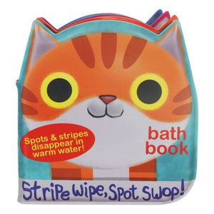 Cover of the "Pets" bath book shows an Orange striped cat with yellow eyes.  It's cover title is "Stripe wipe, spot swop".