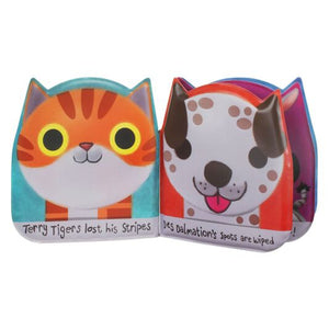 An opened page of the "Pets" bath book.  On the left is the orange cat, the right shows a white dog with brown spots.  The words across the pages are, "Terry Tigers lost his stripes/ Des Dalmation's spots are wiped". 