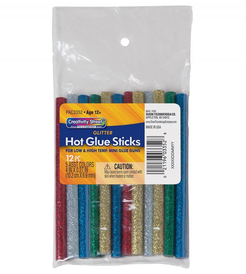 Glitter hot glue stick 12 pack.  5 colors of glitter sticks (gold, silver, blue, red, and green).  