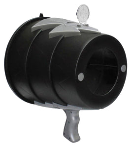The Airzooka out of its packaging.  A black, horizontal truncated cone for a body with a silver handle on bottom and scope up top.  